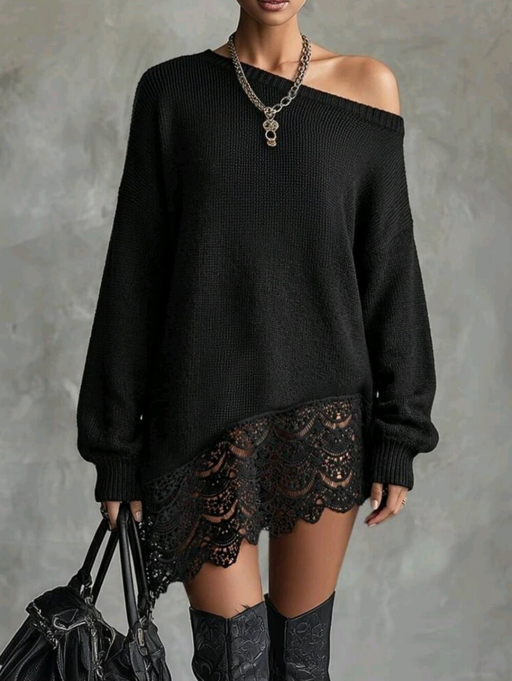 Contrast Lace Asymmetrical Shoulder Drop Shoulder Sweater